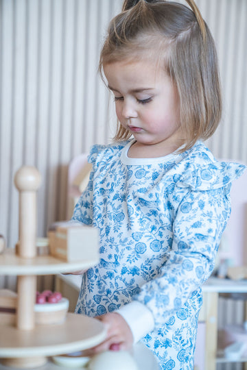 Pijama largo pima conejo flor azul