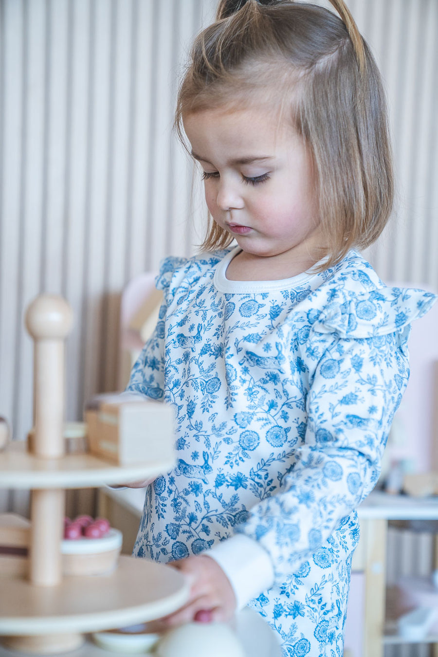 Pijama largo pima conejo flor azul